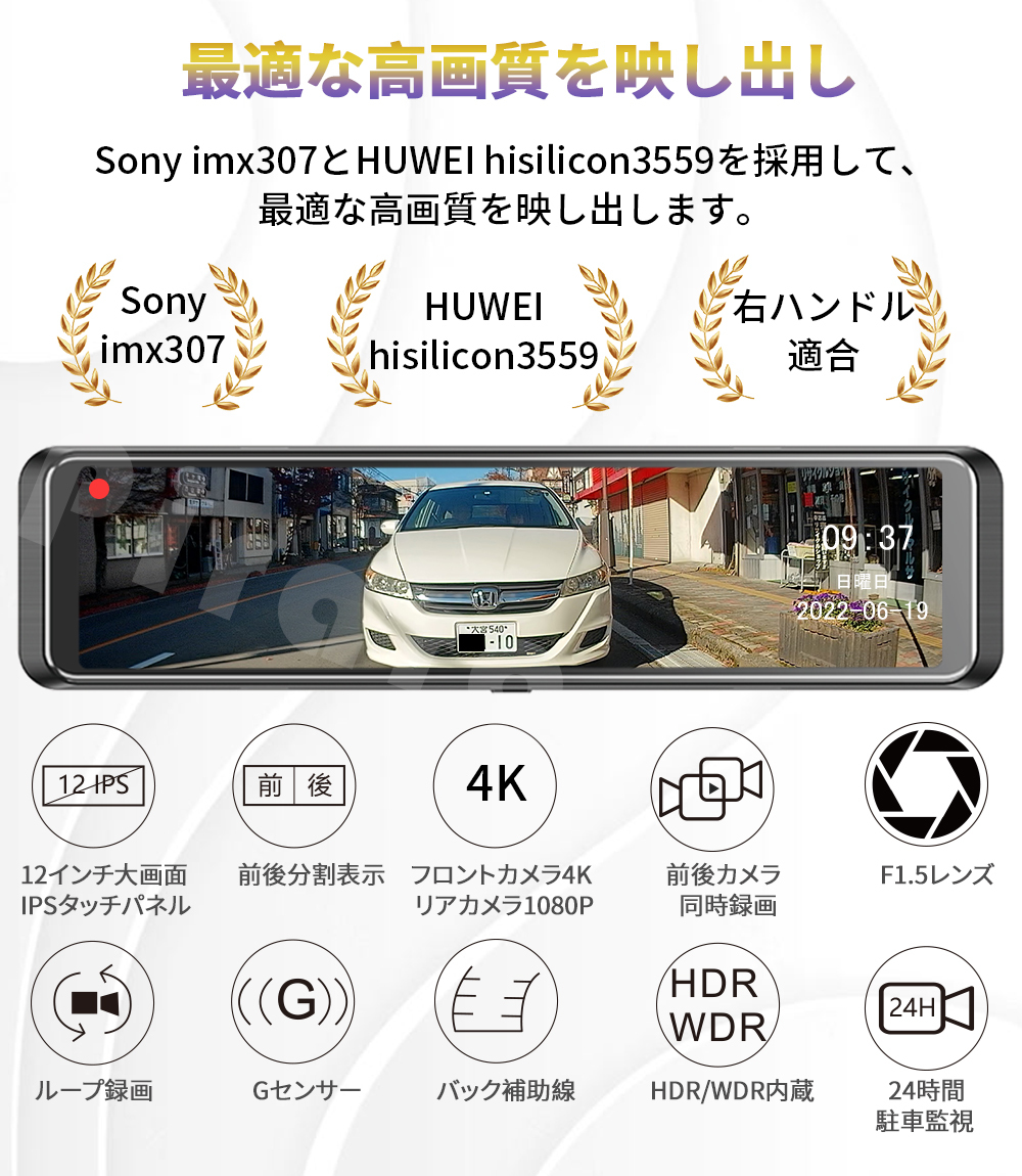 Pirara PD-M12K1ミラー型ドライブレコーダー11.66インチ4K32GBSDカード付属LED信号対応SONYセンサー右カメラ