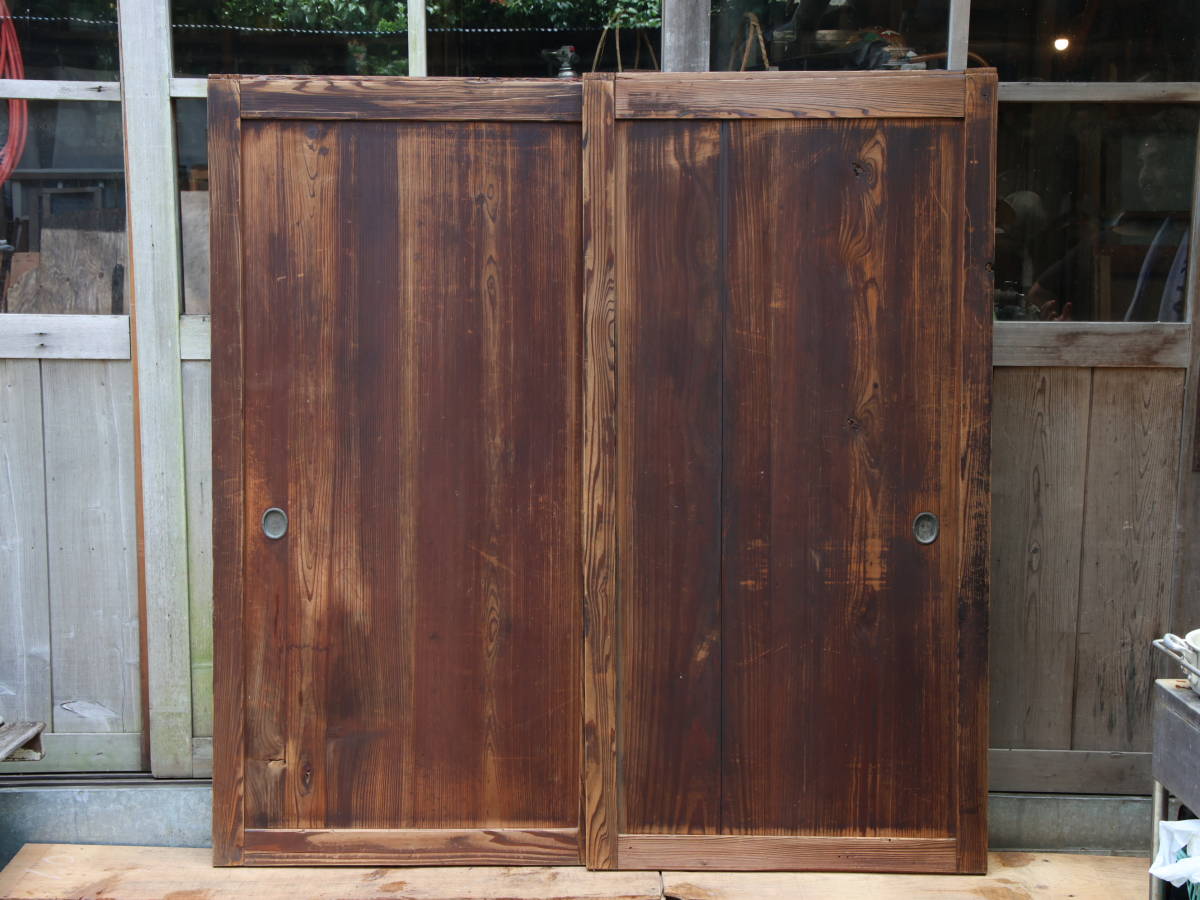 『鏡板戸２枚組(桟なし)』 No,350 開戸 木製 一間二枚　間仕切り 古建具 ヴィンテージ アンティーク DIY