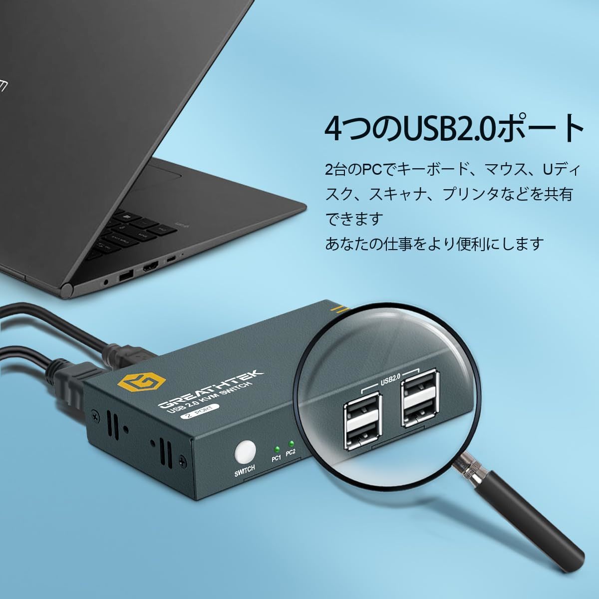 KVMスイッチ2ポート、30Hzで4K解像度をサポート、USB 2.0ポート付きHDMI プッシュボタンスイッチング、HDMIケーブル2本&USBケーブル2本 