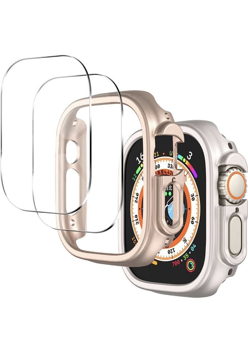 2個+2枚Apple Watch Ultra用保護ケース PC製中空式カバー*2 + 強化ガラスフィルム*2 傷防止 高透過率 気泡ゼロ ワイヤレス充電対応 49mm_画像1