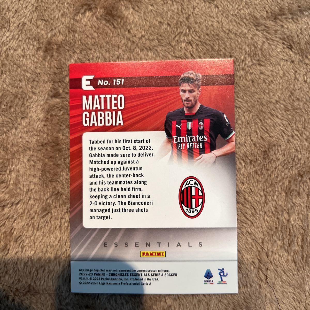 2022-23 Panini Chronicles Soccer Serie A - Matteo Gabbia - Essentials Red 99シリ Color Match - AC Milan ルーキーカード　RC_画像2
