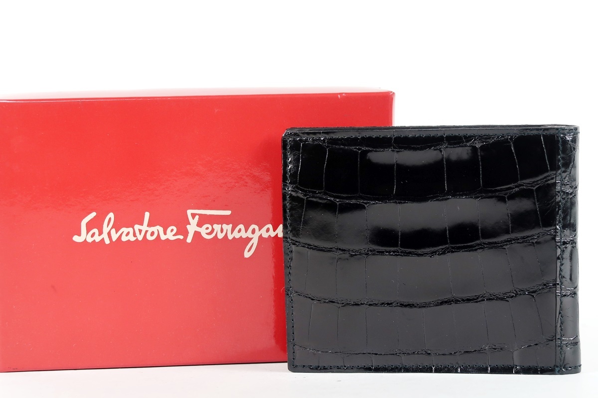【超美品】Ferragamo フェラガモ クロコダイル 二つ折り財布 ブラック ブランド小物【MU25】