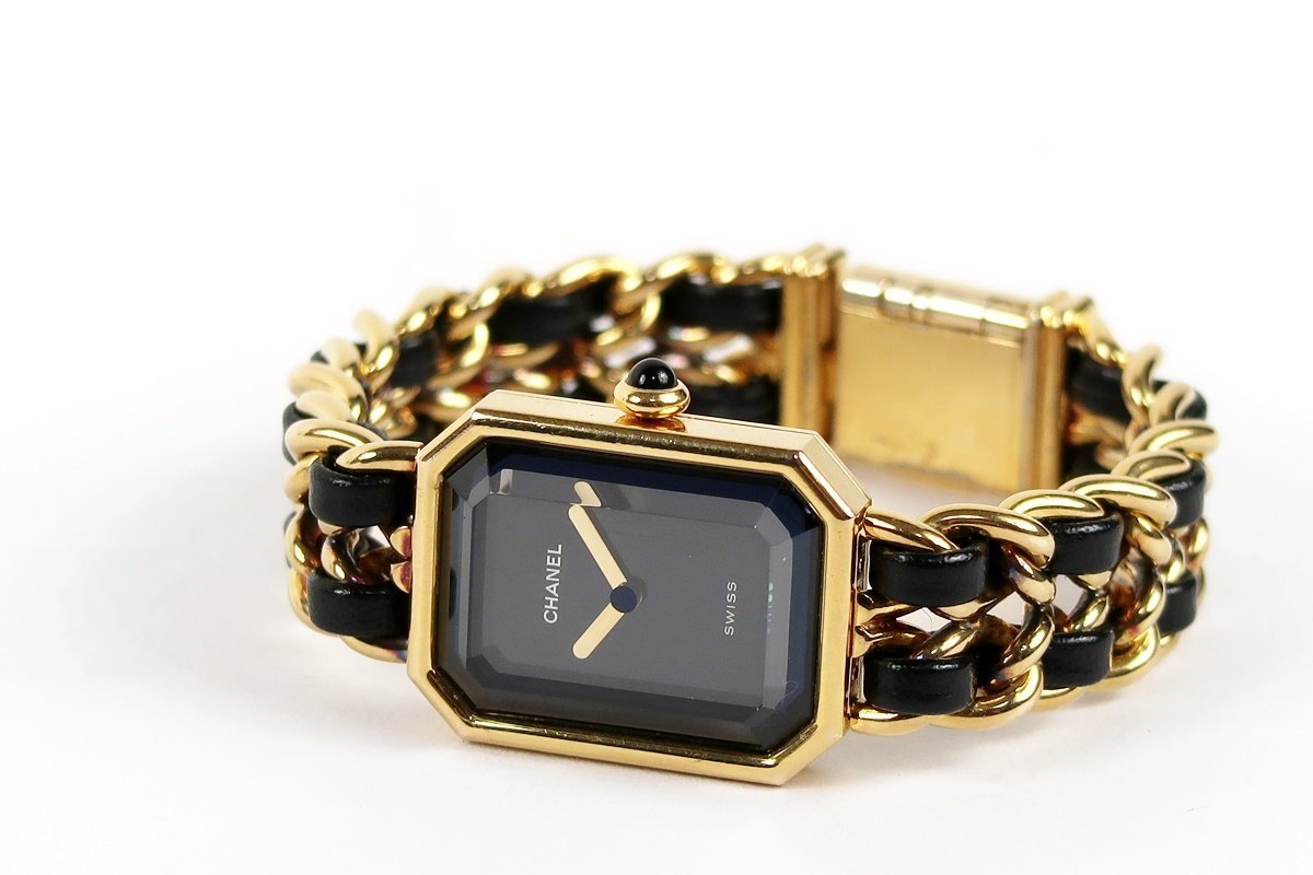 【美品】CHANEL シャネル プルミエール Sサイズ ブランド腕時計 レディース ゴールド×ブラック 動作確認済み【OQ39】