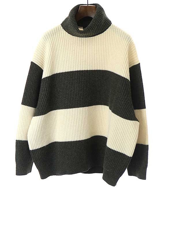 LAD MUSICIAN ラッドミュージシャン 19AW TURTLE NECK BIG PULLOVER ウールタートルネックボーダーニットセーター ホワイト カーキ 44_画像1