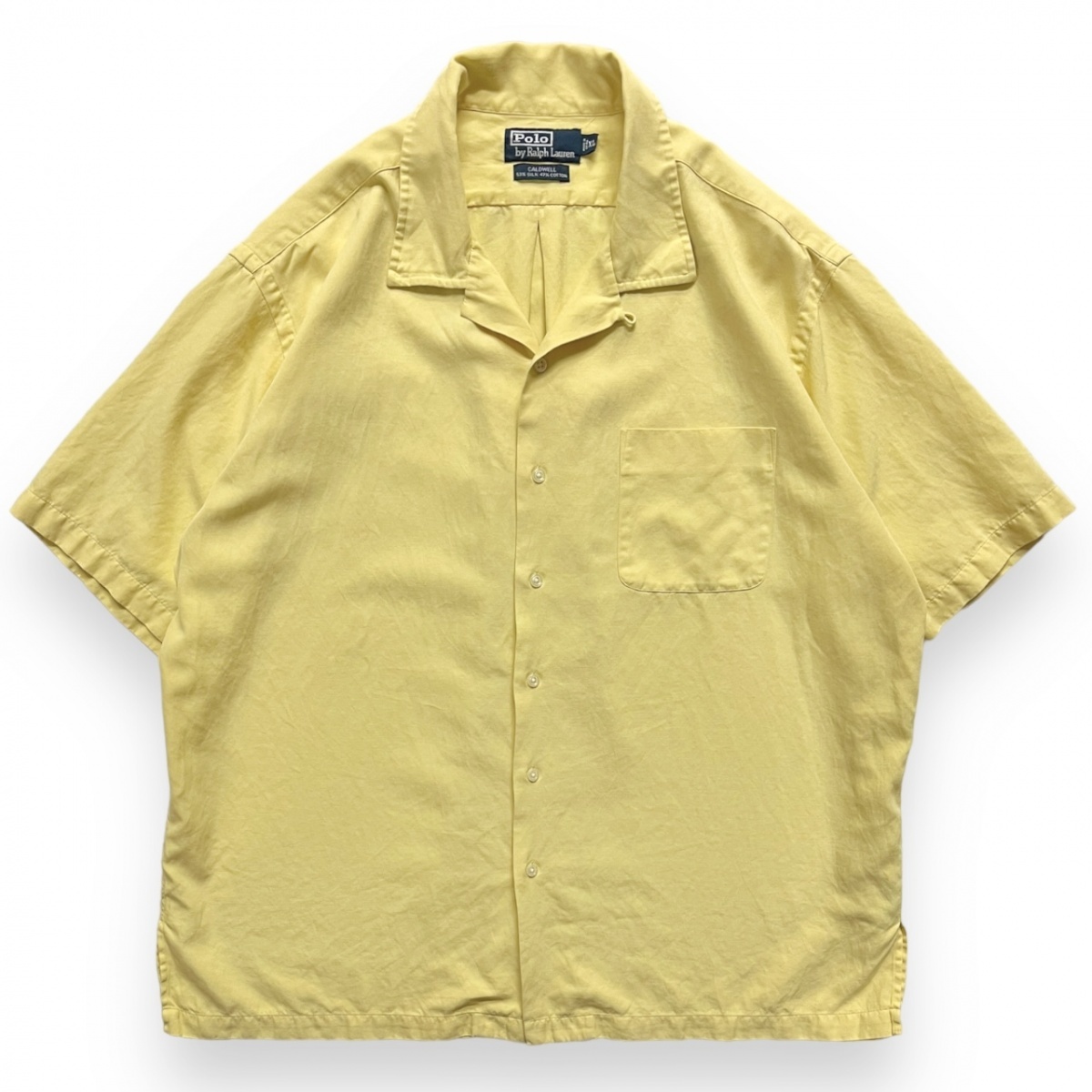 90s POLO RALPH LAUREN ポロ ラルフローレン CALDWELL コールドウェル 半袖 オープンカラー シャツ S/S シルク 開襟 無地 XL イエロー