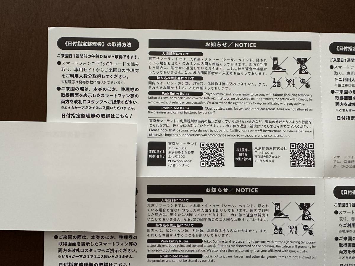 送料無料」東京都競馬 株主優待 東京サマーランド ご招待券綴り1冊