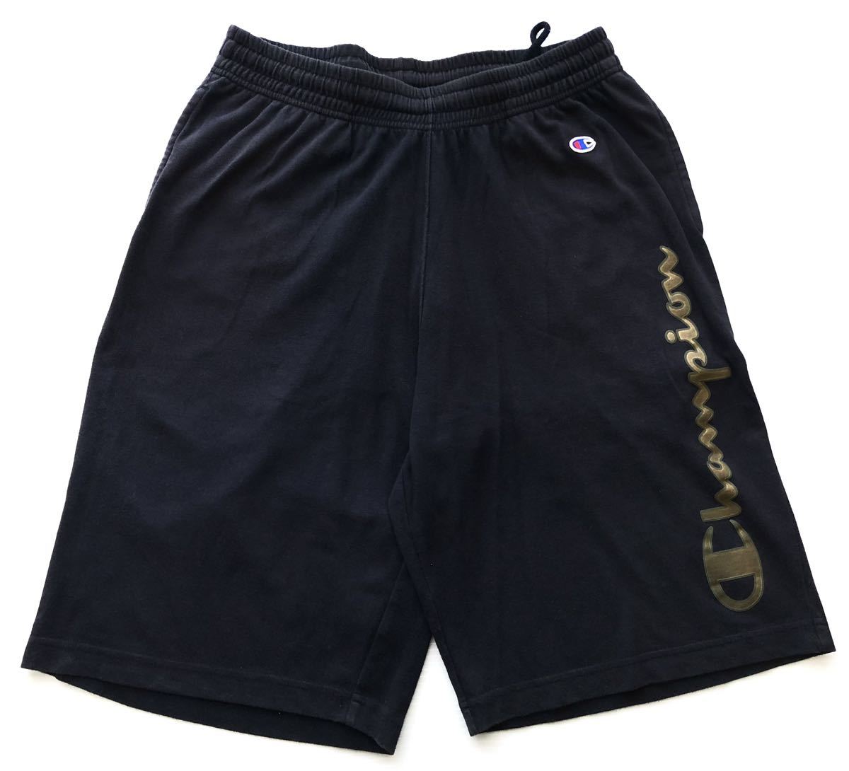 チャンピオン スウェット ハーフパンツ ショートパンツ ビッグロゴ デカロゴ　　Champion ブラック × ゴールド Cマーク 玉7476_画像1