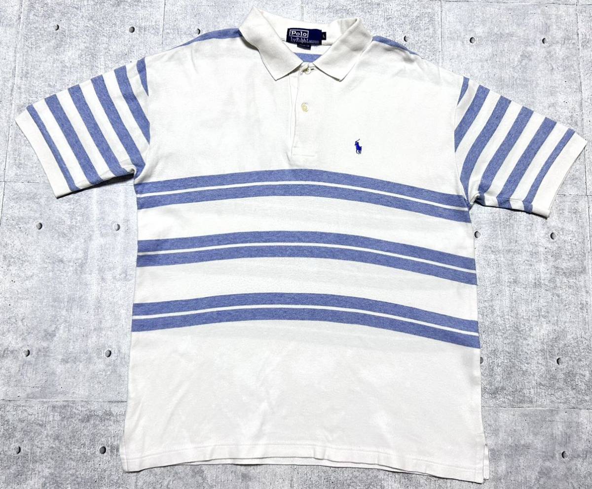 90s USA企画 ポロ バイ ラルフローレン ボーダー ポロシャツ ロゴボタン　　アメリカ企画 Polo by Ralph Lauren ヴィンテージ 玉7999_画像1