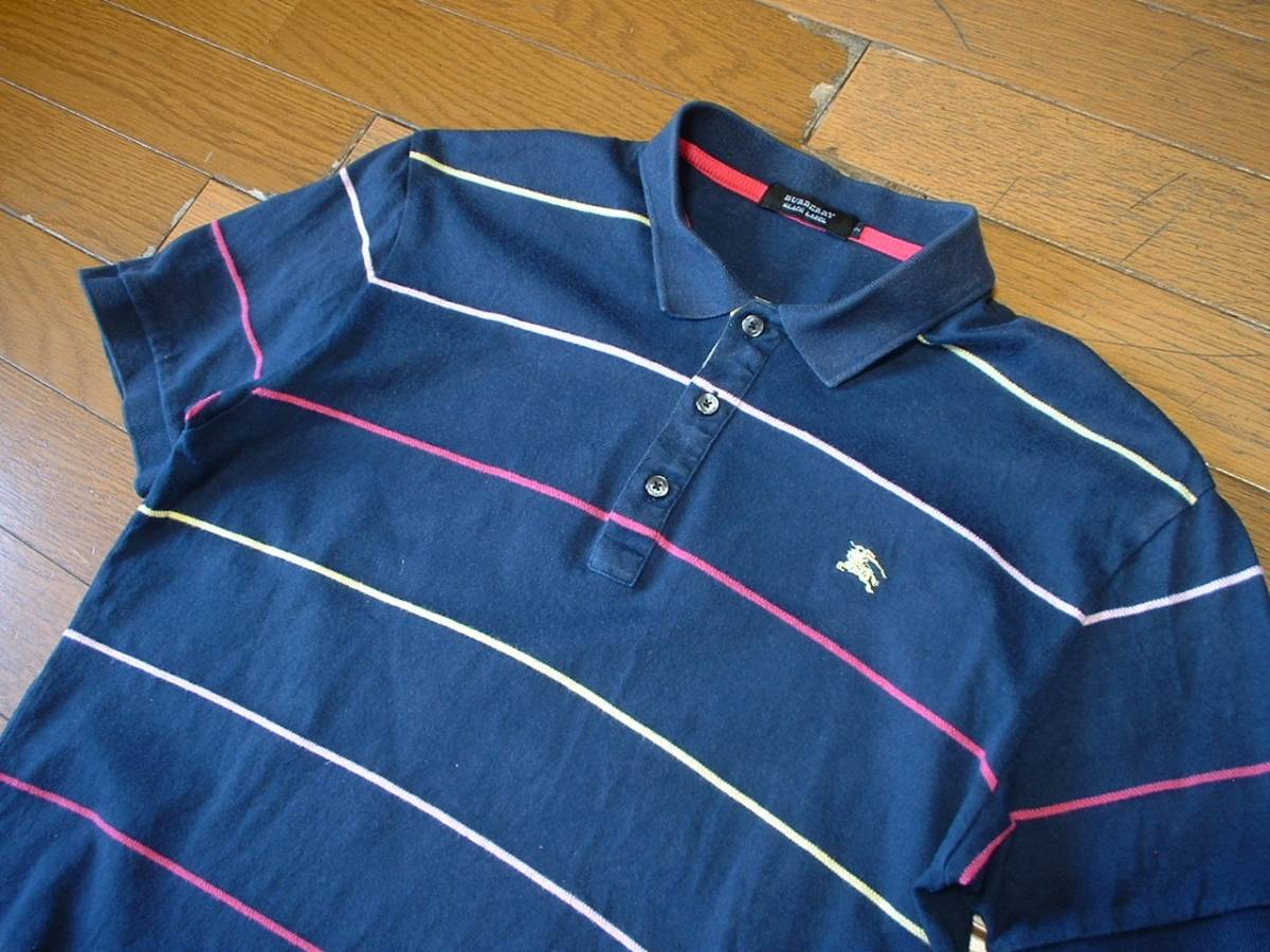 BURBERRY BLACK LABELネイビー紺マルチボーダーポロシャツ2刺繍ワン