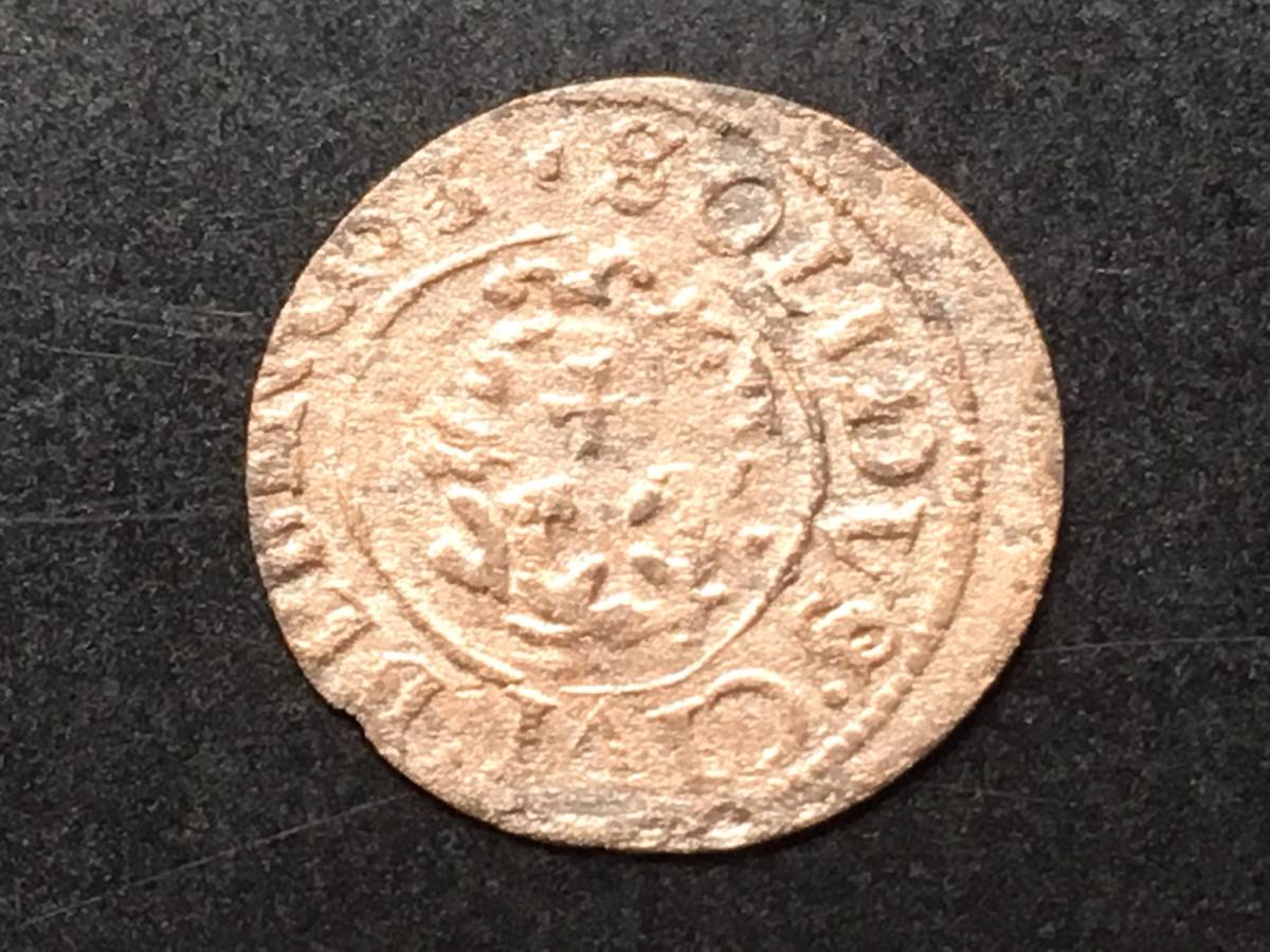 稀有/中世紀瑞典 - Hanmado -Billon硬幣** 1630的西甲 - 利沃尼亞/國王古斯塔夫二世 - 阿道夫（1621年至1634年的）/ 1 - 席 原文:希少 / 中世スェーデン-ハンマード-Billonコイン**1630’s リーガ-リヴォニア / 国王グスタフ 2世-アドルフ(1621-1634’s) / 1-Schilling 