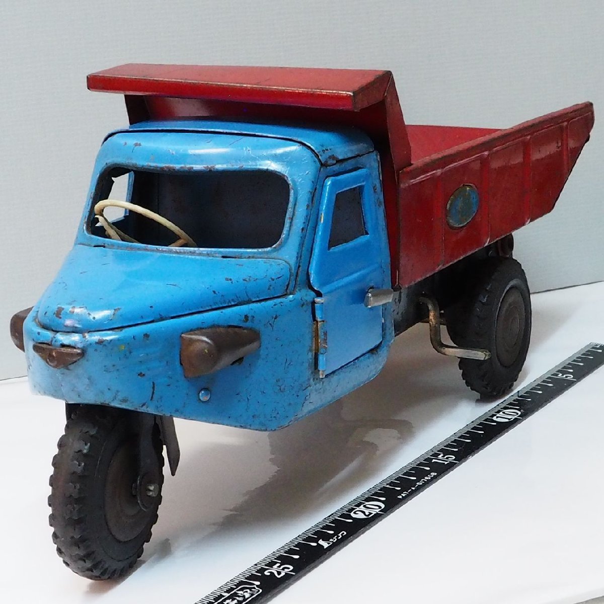 マルサン【ジャイアント 三輪ダンプ トラック 水色ブルー/赤レッドGiant DUMP TRUCK動力無】ブリキ自動車TIN TOY CAR■MARUSAN【箱無】0602_画像１