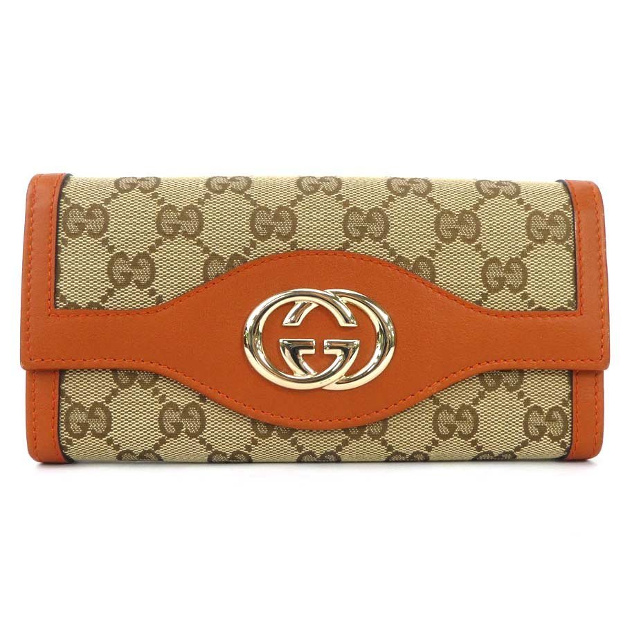 グッチ GUCCI 二つ折り長財布 GGキャンバス キャンバス/レザー ベージュ/オレンジ e56151f