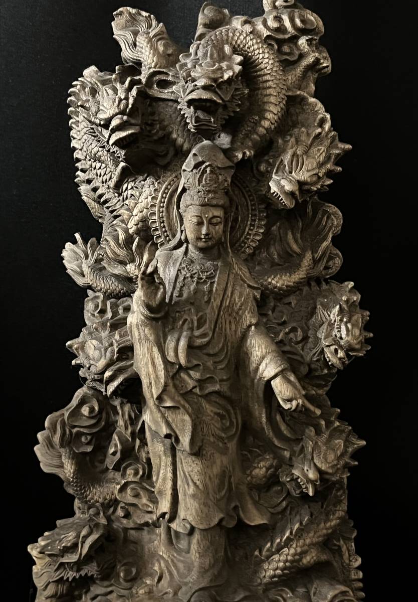 御龍観音菩薩 仏像立像 精密細工 木彫仏教 仏師で仕上げ品 彫刻工芸品