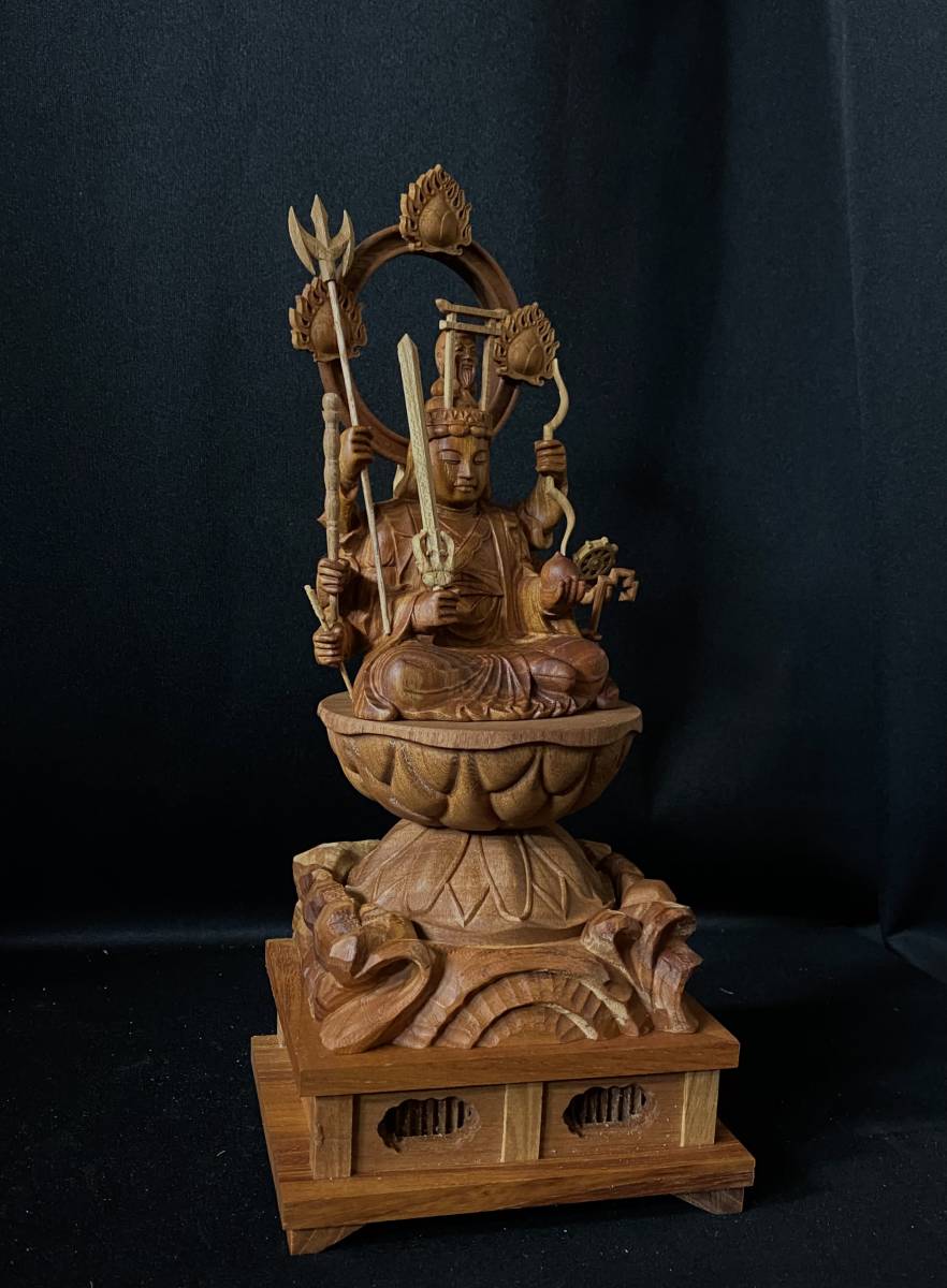 総ケヤキ材 仏教工芸品 木彫仏教 精密彫刻 仏師で仕上げ品 八臂弁財天像-