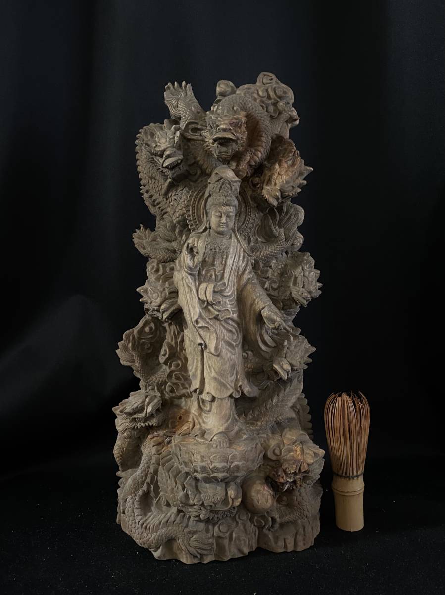 大型 高37cm 仏教工芸品 総楠製 井波彫刻 一刀彫 極上彫 木彫仏像 九龍