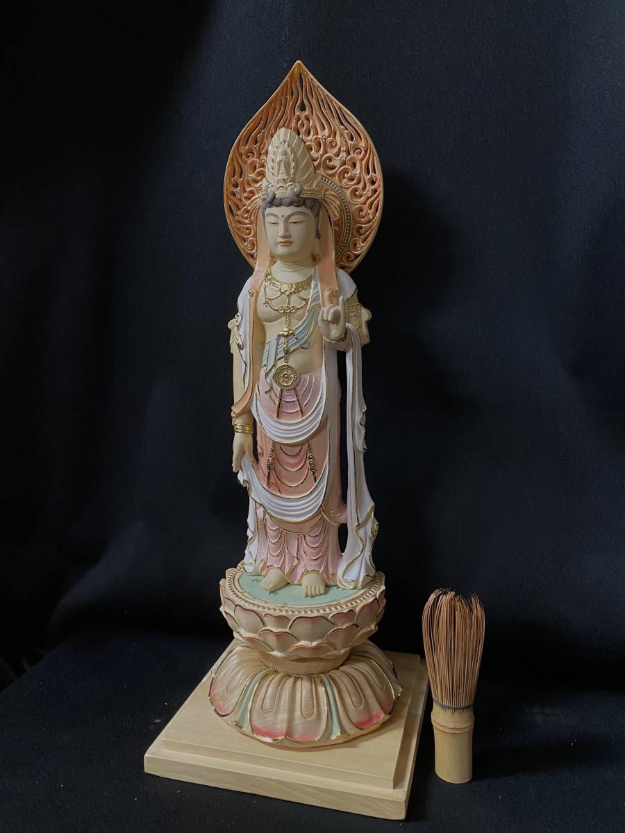 総檜材 高46cm 仏教工芸品 精密彫刻 仏師で仕上げ品 聖観音菩薩立像-