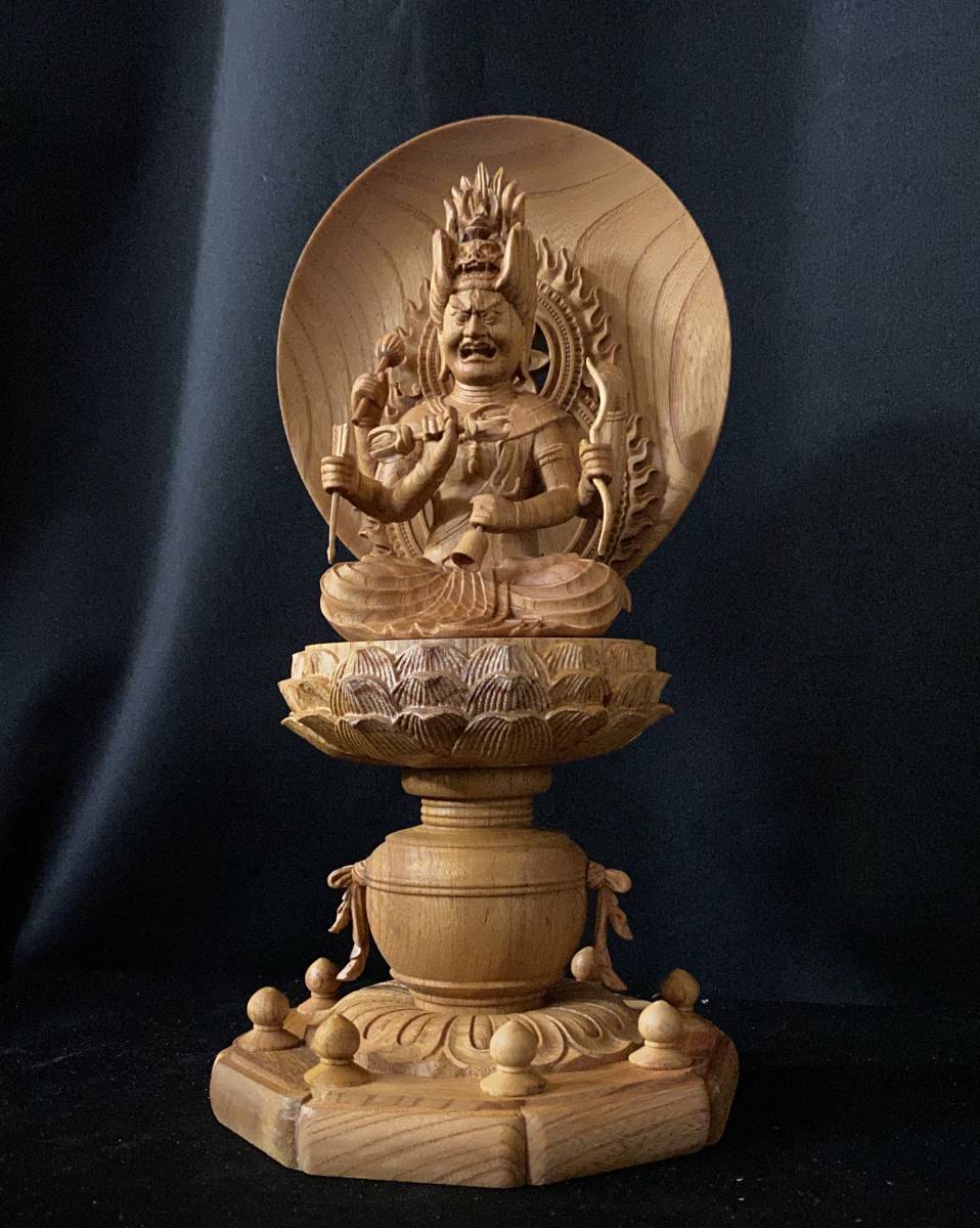 井波彫刻 極上彫 仏教工芸品精密彫刻 仏師で仕上げ品 愛染明王座像-