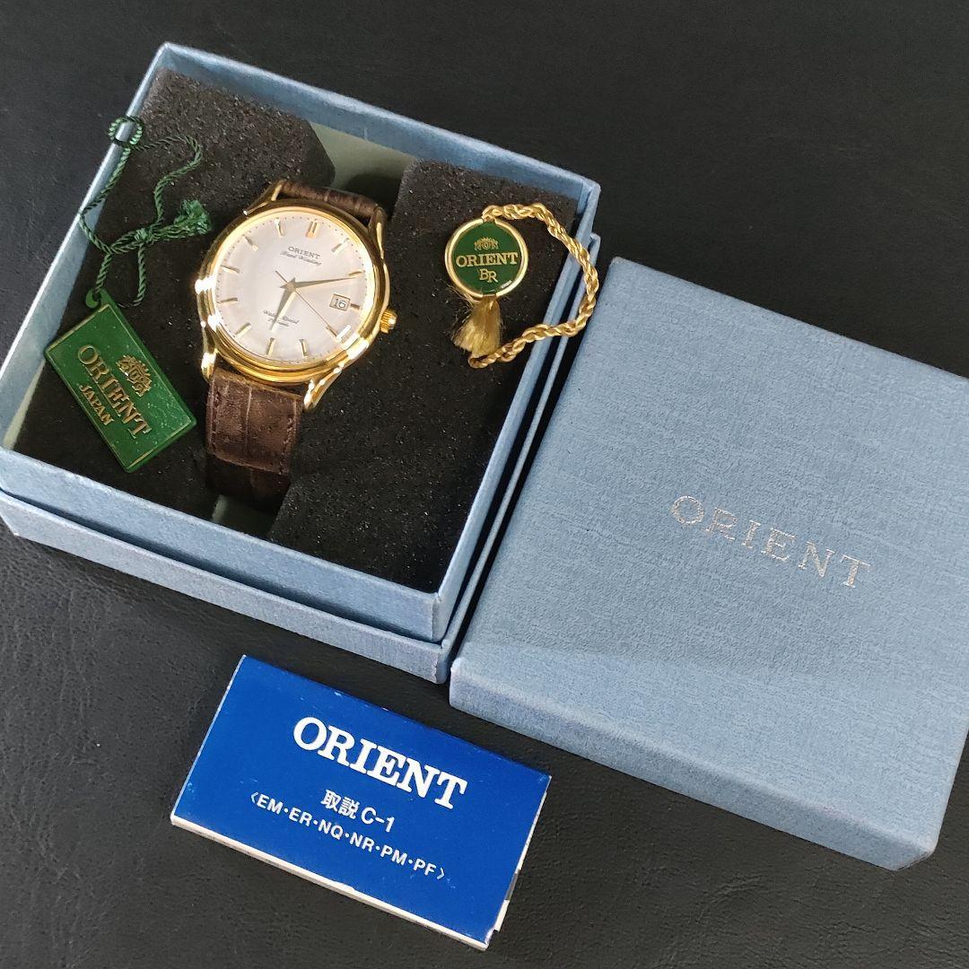 希少美品【稼働品】ORIENT オリエント ホワイト ゴールド ブラウン 手巻きブランド腕時計