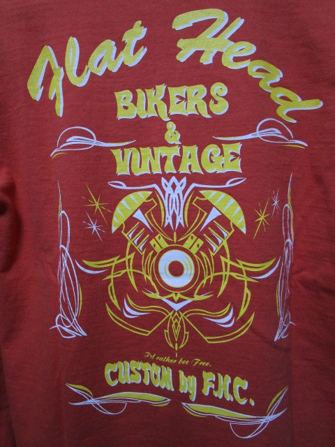 定価8500円！THE FLAT HEAD BIKER&VINTAGE 長袖Ｔシャツ・36・ライトレッド（日本製フラットヘッドピンストライププリントロンＴシャツ）_画像2