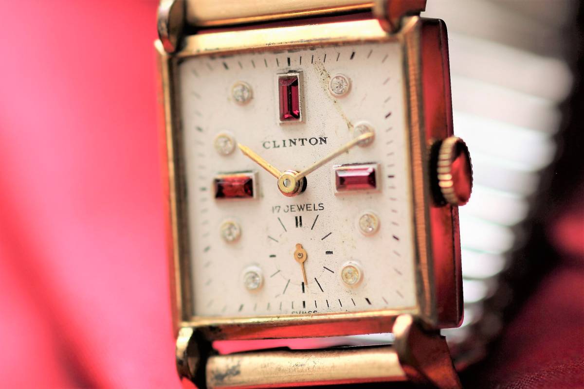 ☆CLINTON ラインストーン 手巻き 時計 腕時計 ヴィンテージ 動作品 10KRGP 風防なしの画像2