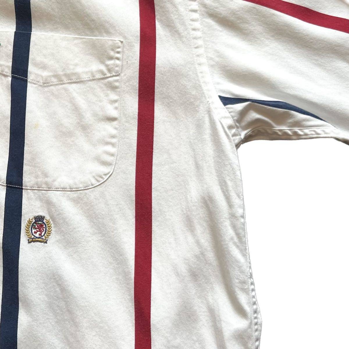 【90s】 TOMMY HILFIGER トミーヒルフィガー ボタンダウン 長袖シャツ ストライプ マルチ メンズXL コットン ビンテージ ワンポイント 古着_画像3