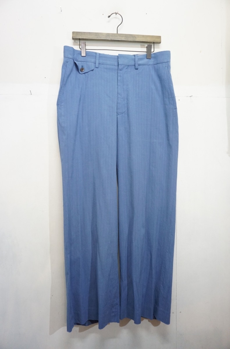 美品21SS URUウル WIDE PANTS ストライプ ワイド スラックス パンツ ストレッチ 21SLS02 青527N▲_画像1