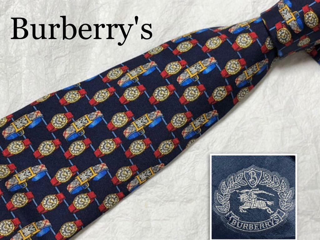 ■美品■希少デザイン■Burberry's バーバリー　ネクタイ　腕時計　ボーダー　ノバチェック　総柄　シルク100% イタリア製　ネイビー_画像1