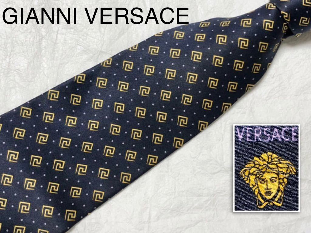 # beautiful goods #GIANNI VERSACE Gianni Versace necktie Greece . writing total pattern mete.-sa silk 100% made in Japan navy × Gold 