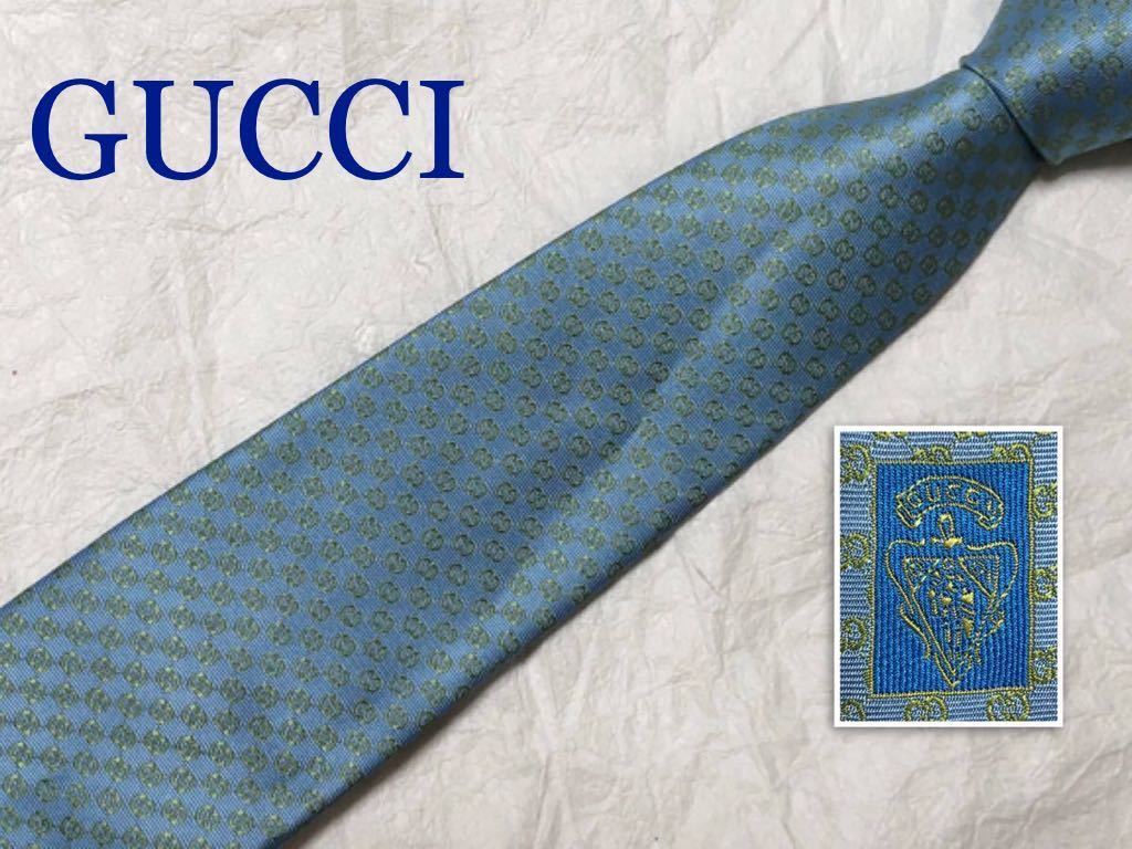 ■傷汚れなし良品■GUCCI グッチ　ネクタイ　インターロッキングG ディアマンテ　シルク100% イタリア製　ライトブルー×ライトグリーン_画像1