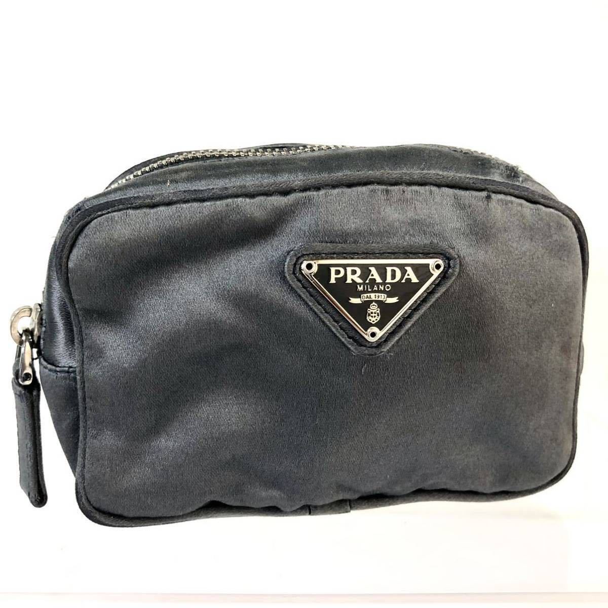 PRADA プラダ 三角プレート ナイロン コスメポーチ グレー イタリア製 白タグ