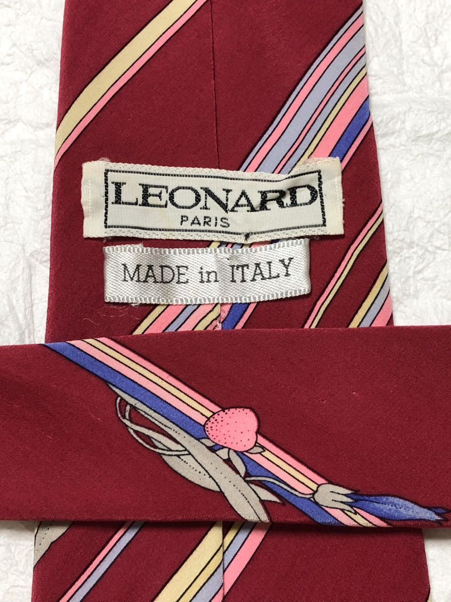 LEONARD レオナール　ネクタイ　レジメンタルストライプ　花柄　シルク100% イタリア製　レッド×マルチカラー_画像6