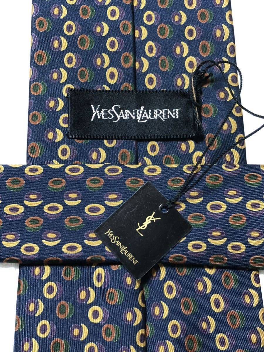 ■新品未使用タグ付き■YVES SAINT LAURENT イヴサンローラン ネクタイ 総柄 シルク100% ブルー×ブラウン、ベージュ、グリーン