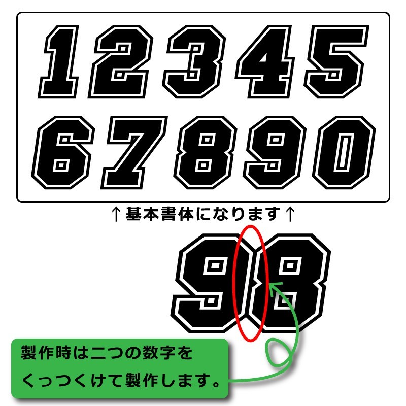 高級反射 ゼッケン ナンバー 数字 ステッカー 枠付２桁 LLサイズ２枚選べる かっこいい 番号 野球 ヘルメット バイク 車 (2)_画像4