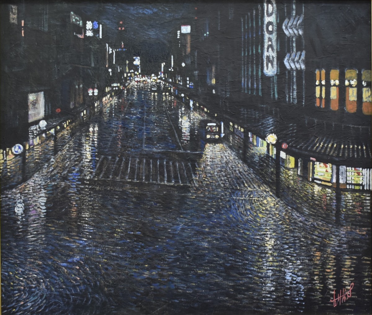  rain .. night .. work . street . car Akira ..... beautiful ....... preeminence work.! Sasaki . Hara 10 number [ light rain canvas . oil painting [ regular light ..]
