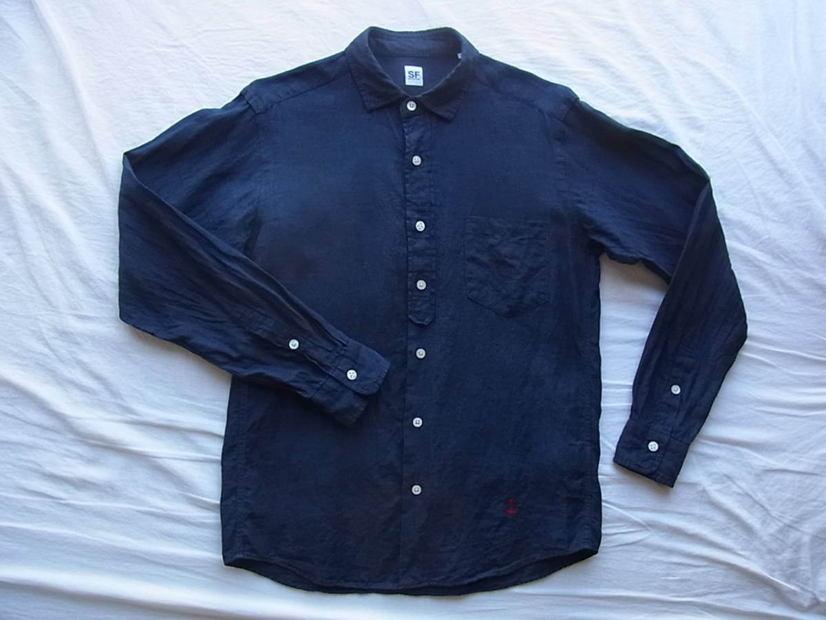 HOLLYWOOD RANCH MARKET S F Hollywood Ranch Market San Francisco linen100% shirt size S made in Japan navy 