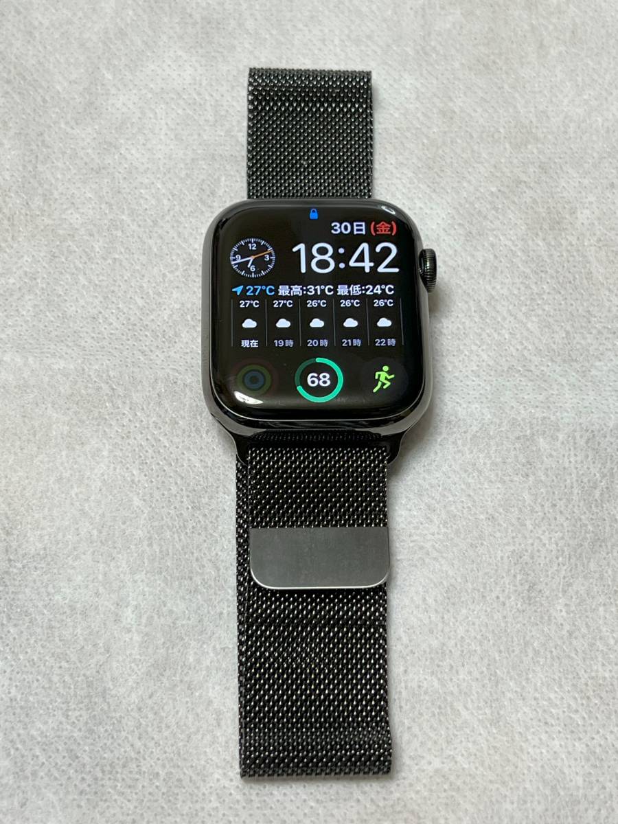 Apple Watch 7 ステンレス45mm グラファイト AC+:2024年２月26日まで BT:86% 美品 純正充電ケーブル付