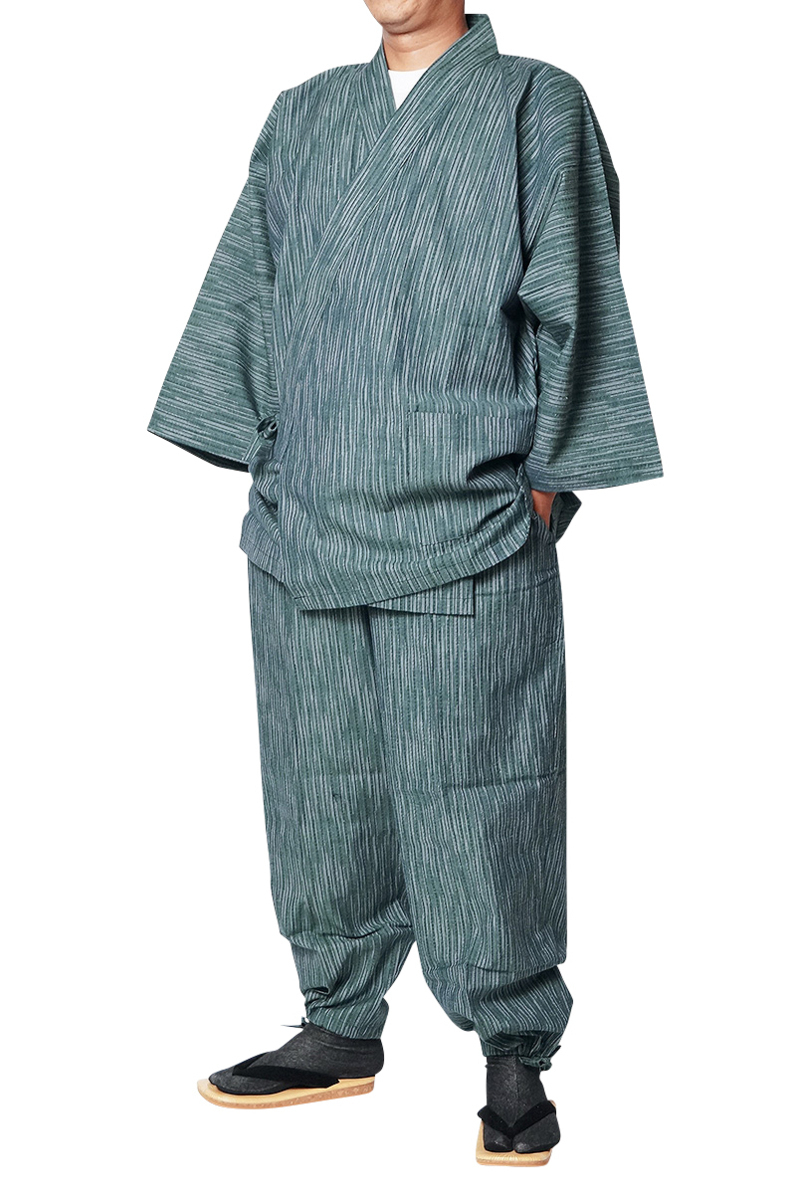 特別セーフ 【ひめか】　作務衣 メンズ 縞柄3771　緑ＬＬ 久留米絣織作務衣 日本製 作務衣