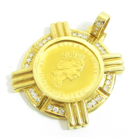 K24 1/2oz K18 ダイヤ0.33ct 金 ゴールド ネックレストップ エリザベス二世 コイン メダル 約34.2g ▼AC24080