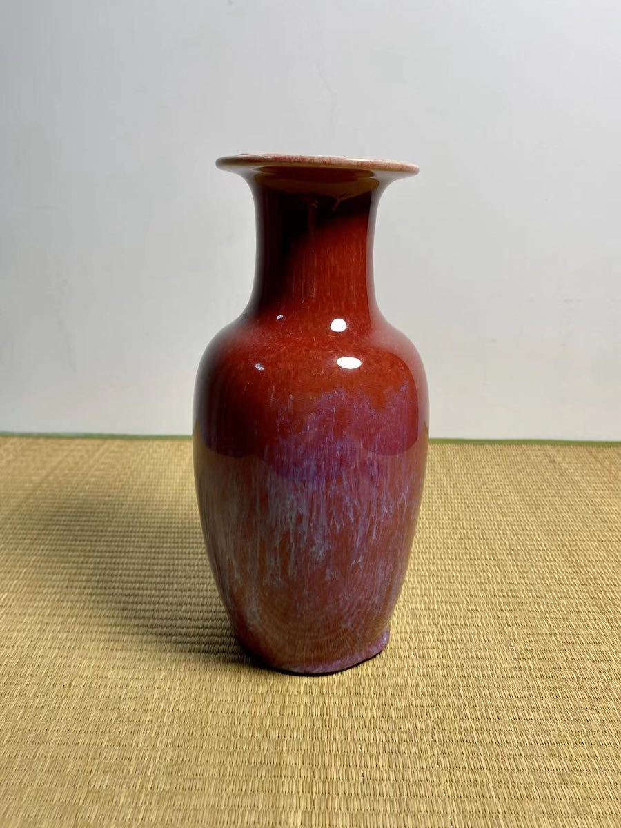 清朝期 時代唐物 辰砂花瓶 紅釉花入 中国美術 景徳鎮製 茶道具 花道具