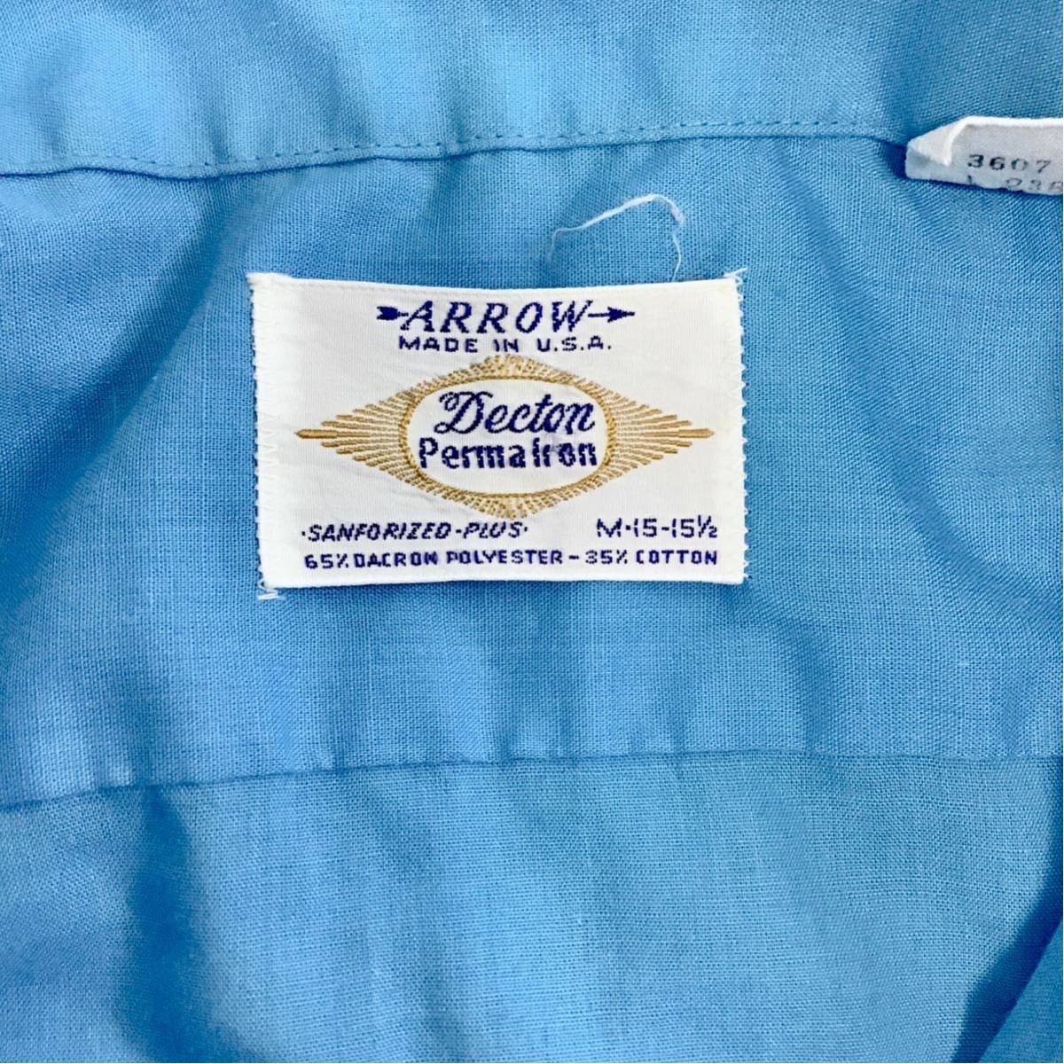 60s USA製 Arrow アロー 単色 半袖 オープンカラーシャツ ブルー サイズM(15-15 1/2) タウンクラフト 開襟 シャツ VINTAGE ヴィンテージ_画像3