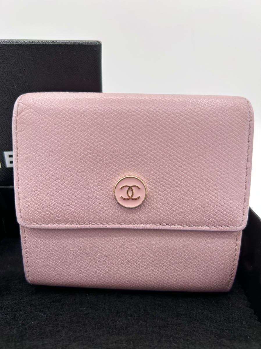 美品CHANEL シャネル Wホック ココボタン ミニ財布 三つ折り財布