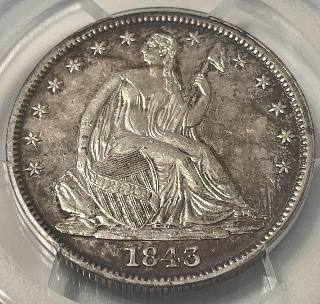 アンティークコイン 銀貨 1843 ハーフドル PCGS AU50 自由の女神座像