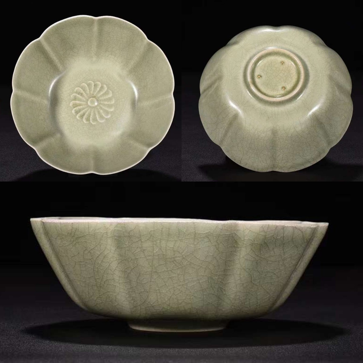 ★決算特価商品★ 汝窯 宋時代 青釉 直径 高さ5.5cm 中国美術 唐物 菊花文碗 輪花 宋