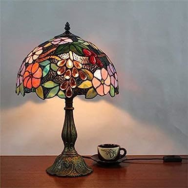  極美品 テーブルランプ ティファニー風ライト ステンドグラスランプ 手作り照明器具 卓上照明 花柄スタンド 1灯 D30cm_画像1