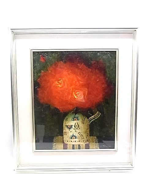 h0029 genuine work guarantee oil painting flower Tamura one [ Spain .. rose ] F8 number picture frame 