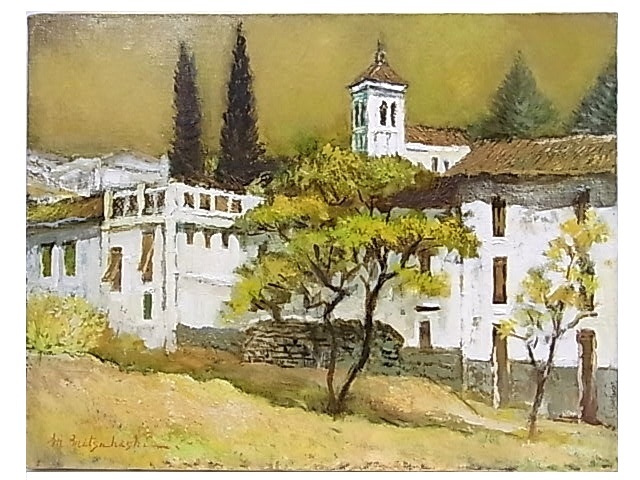 種類豊富な品揃え e9994　真作保証　油彩　風景画　三觜正之　「グラナダの白い館　スペイン」　F4号　額縁 自然、風景画