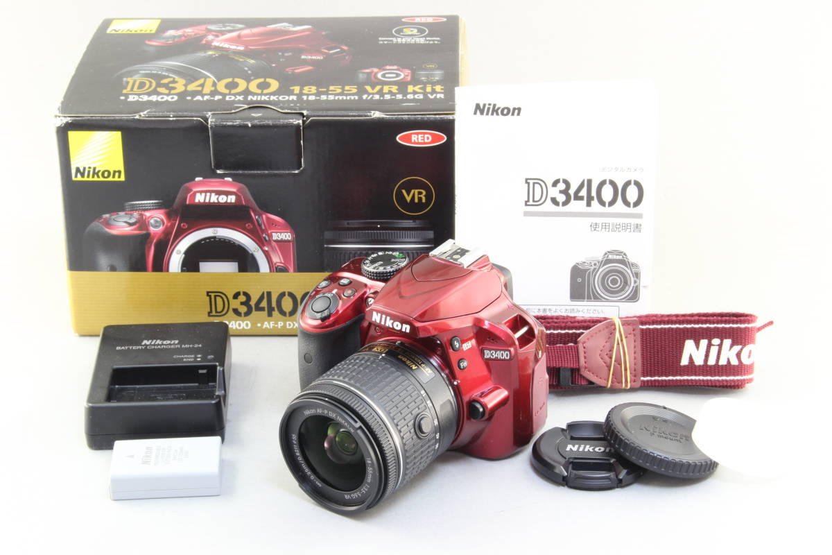 AA (新品級) Nikon D3400 レッドAF-P 18-55mm レンズキットショット数