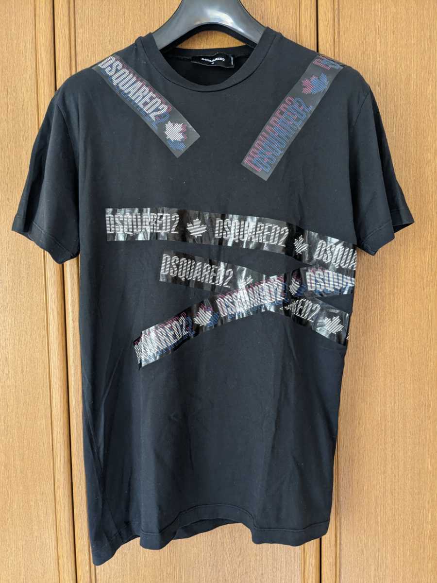 DSQUARED2 ディースクエアード テーププリント　ロゴ　半袖Tシャツ　黒色　ブラック　M L XL イタリア製　即決