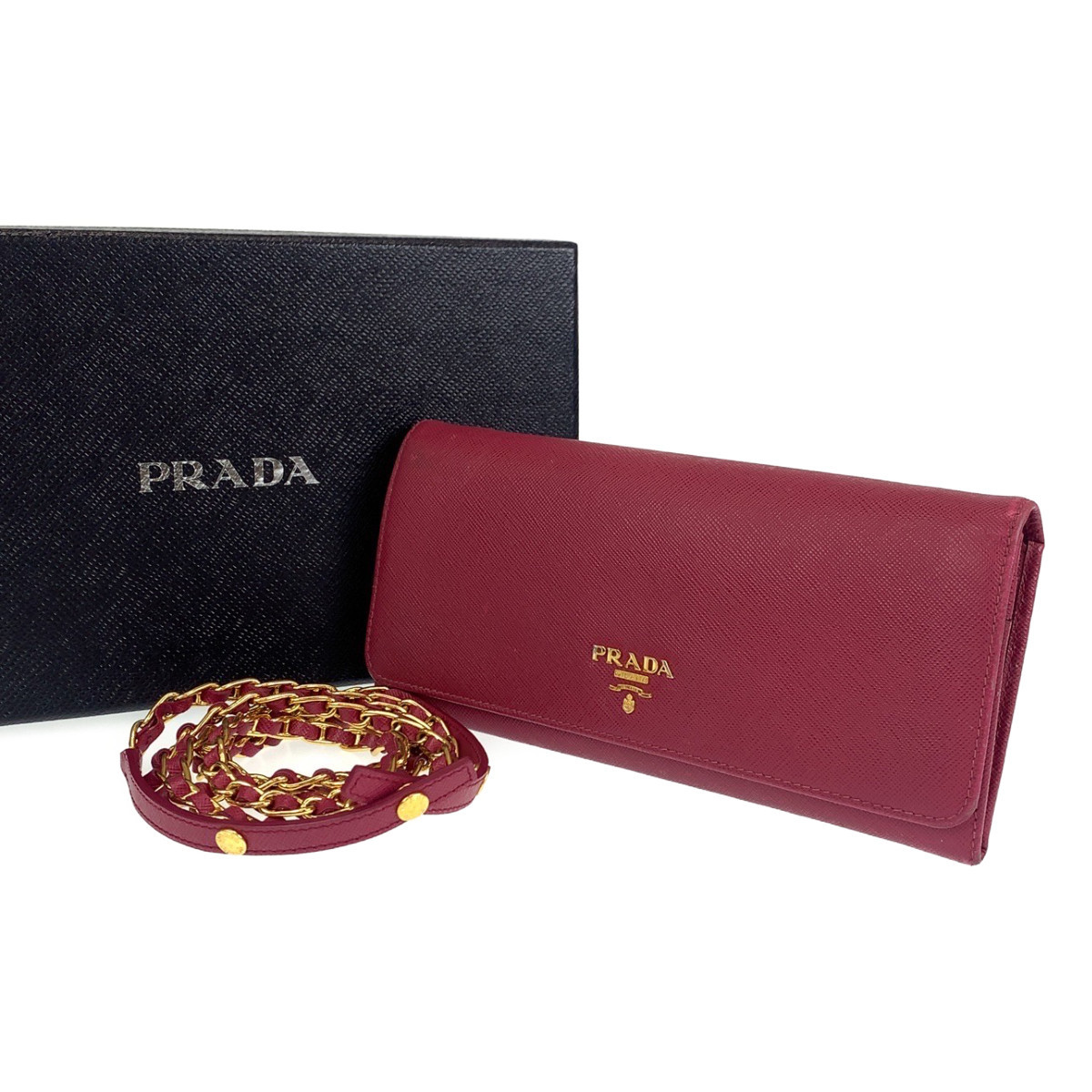 PRADA プラダ サフィアーノ ピンク ゴールド金具 レザー 1MT290 二つ折り長財布 チェーンウォレット レディース 402782_画像10