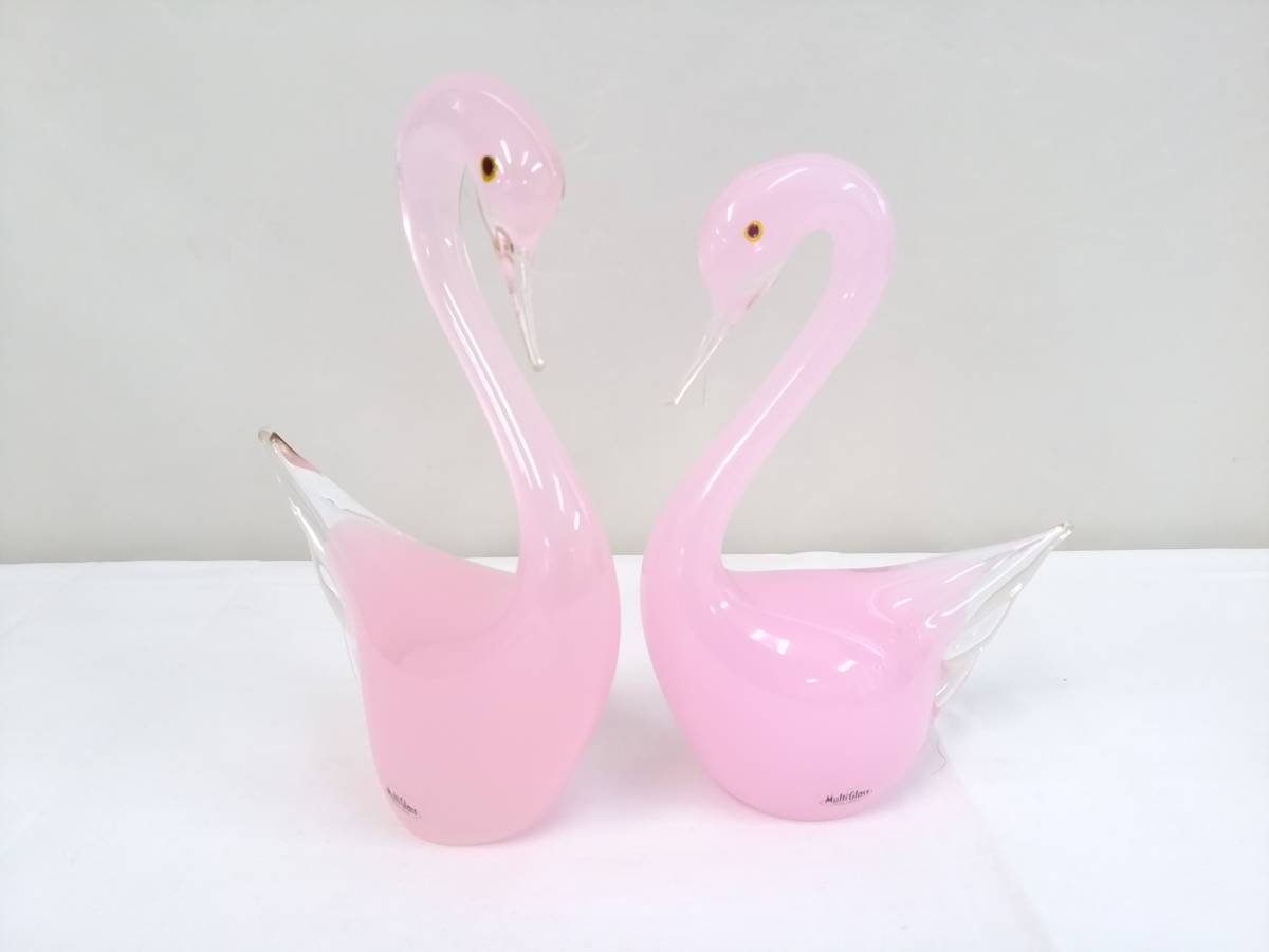 ☆工芸品☆Multi Glassマルティグラス ガラスの置物 スワン ピンク - 置物